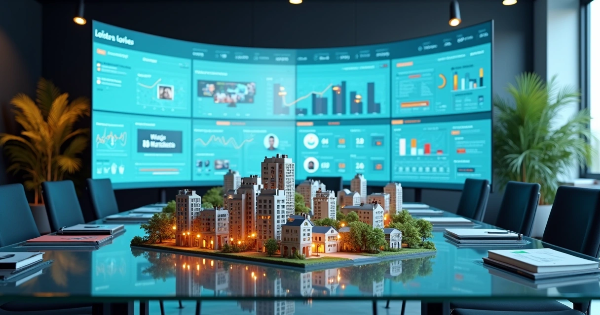 Painel de marketing imobiliário com gráficos e anúncios digitais ao lado de maquete de bairro 