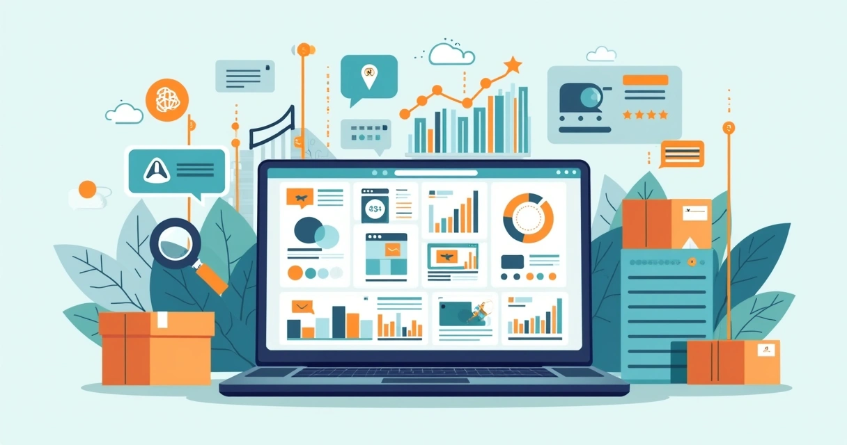 Como escolher empresas para gestão de marketplaces em 2026 1 Painel com métricas de vendas, catálogo e logística em ilustração corporativa