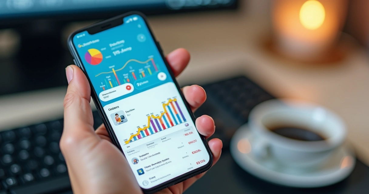 Painel de vendas de marketplace em um celular com gráficos coloridos ao fundo