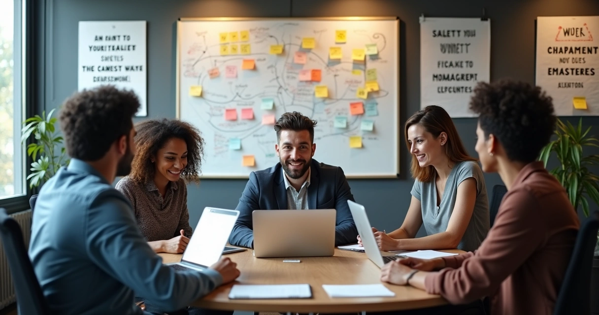 Reunião de mastermind entre empreendedores em ambiente moderno