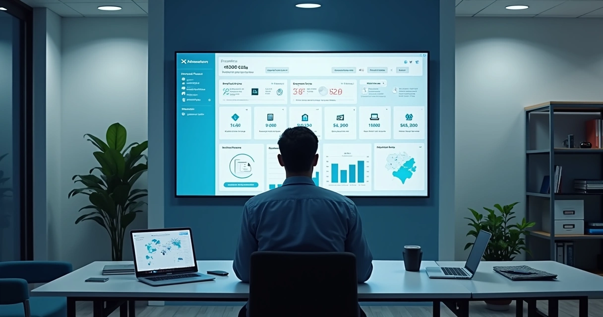 Painel de gerenciamento de dispositivos em escritório corporativo 