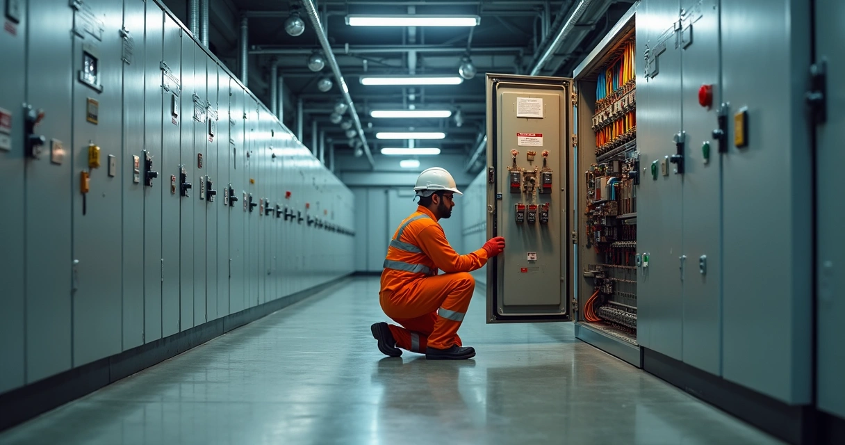 Técnico inspecionando painel de média tensão com sinais de curto-circuito 