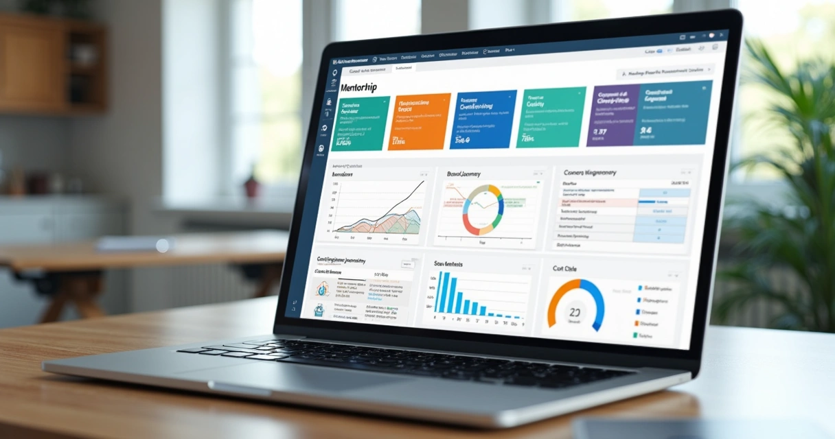 Plataforma digital com painel de gestão de mentoria exibindo jornadas e dados de clientes 