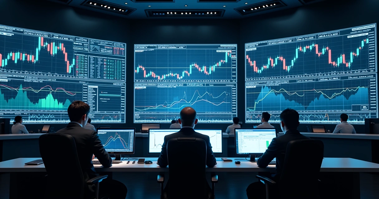 Painel eletrônico mostrando gráficos financeiros complexos com indicadores de tendência em ambiente de trading algorítmico 