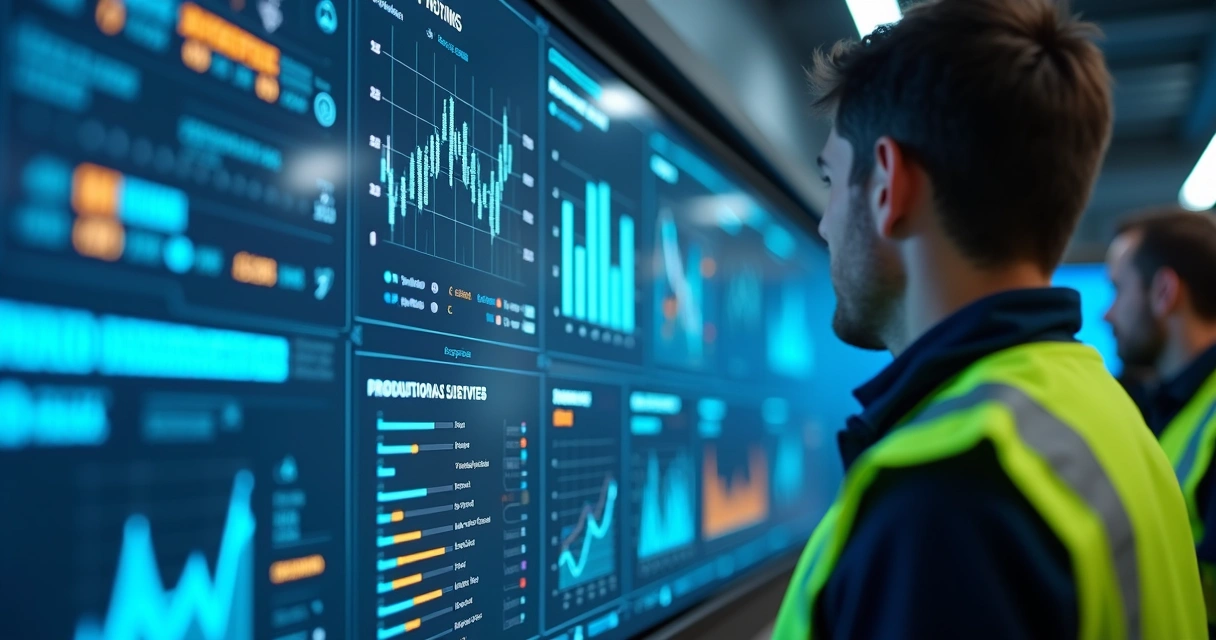 Painel digital de sistema MES com dados de produção em indústria 