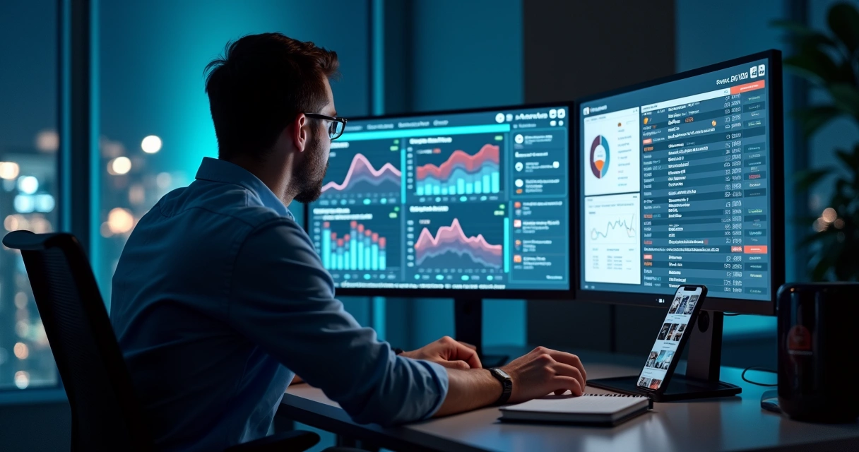 Painel de anúncios digitais com métricas baixas e gestor analisando resultados 