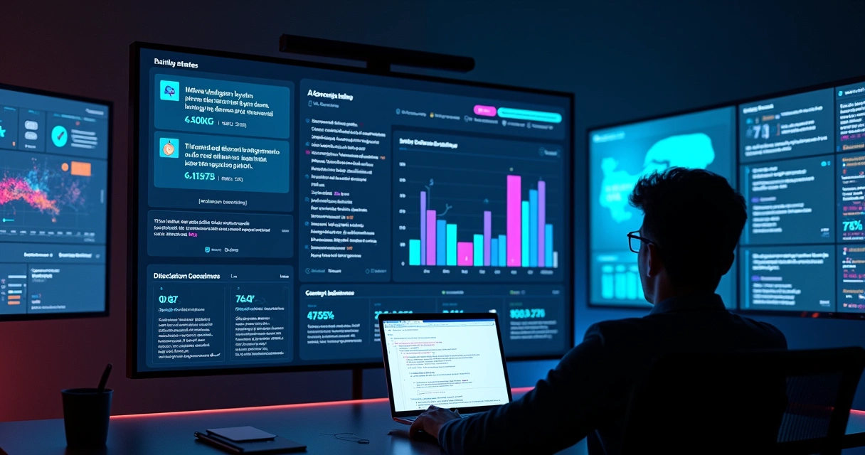 Dashboard de anúncios com integrações de inteligência artificial em grande tela digital 
