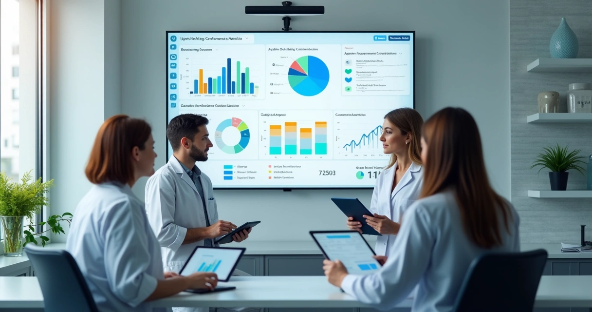 Equipe olhando painel de metas em clínica odontológica 