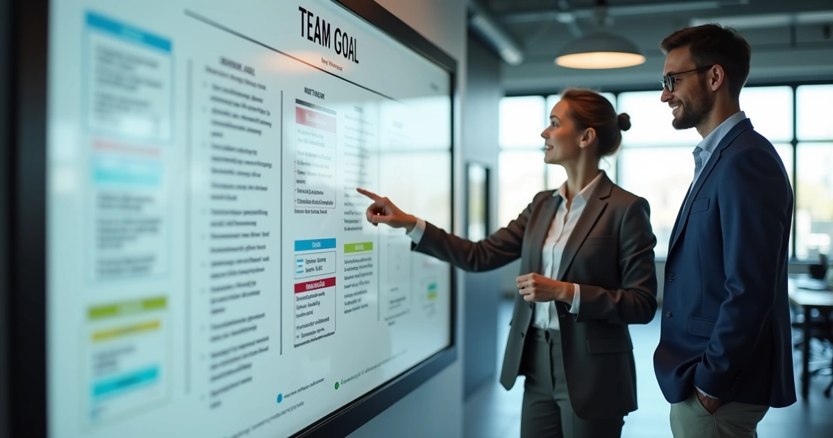 Painel de metas com equipe conversando no escritório
