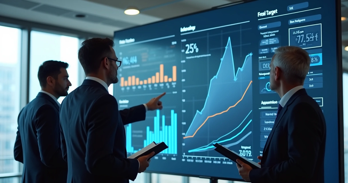 Painel de metas com executivos analisando resultados