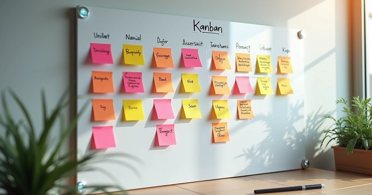 Painel branco com post-its coloridos organizados em colunas mostrando metas de negócios 