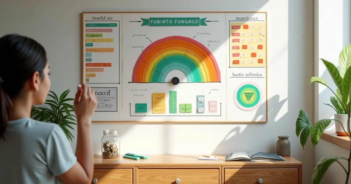 Pessoa preenchendo termômetro de metas financeiras colorido em painel na parede 