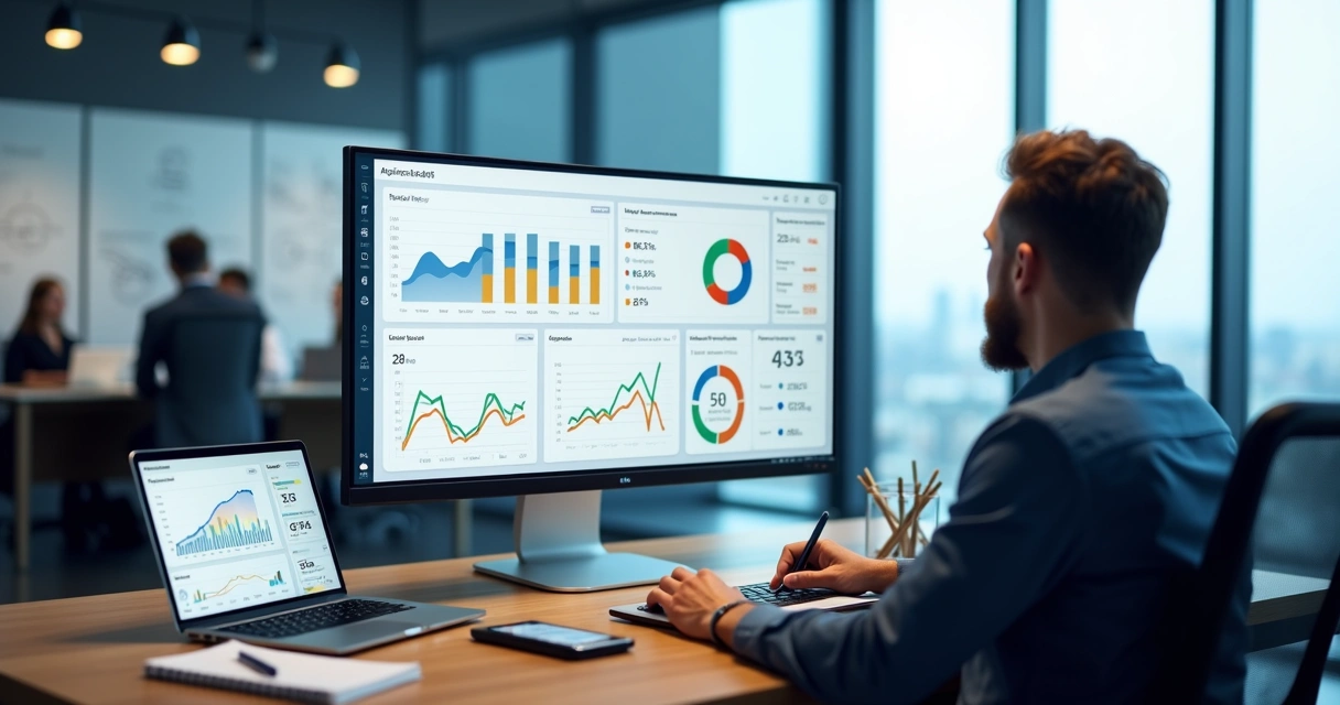 Gestor de agência analisando painel com métricas e gráficos em escritório moderno 