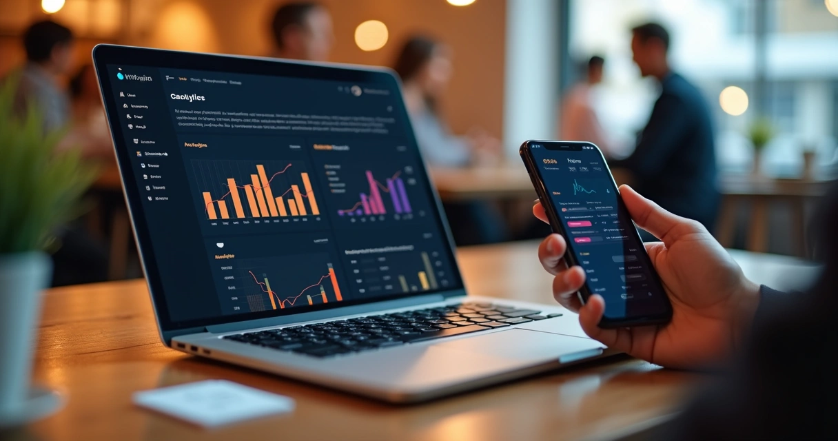 Painel com métricas de app no laptop ao lado de teste no celular 