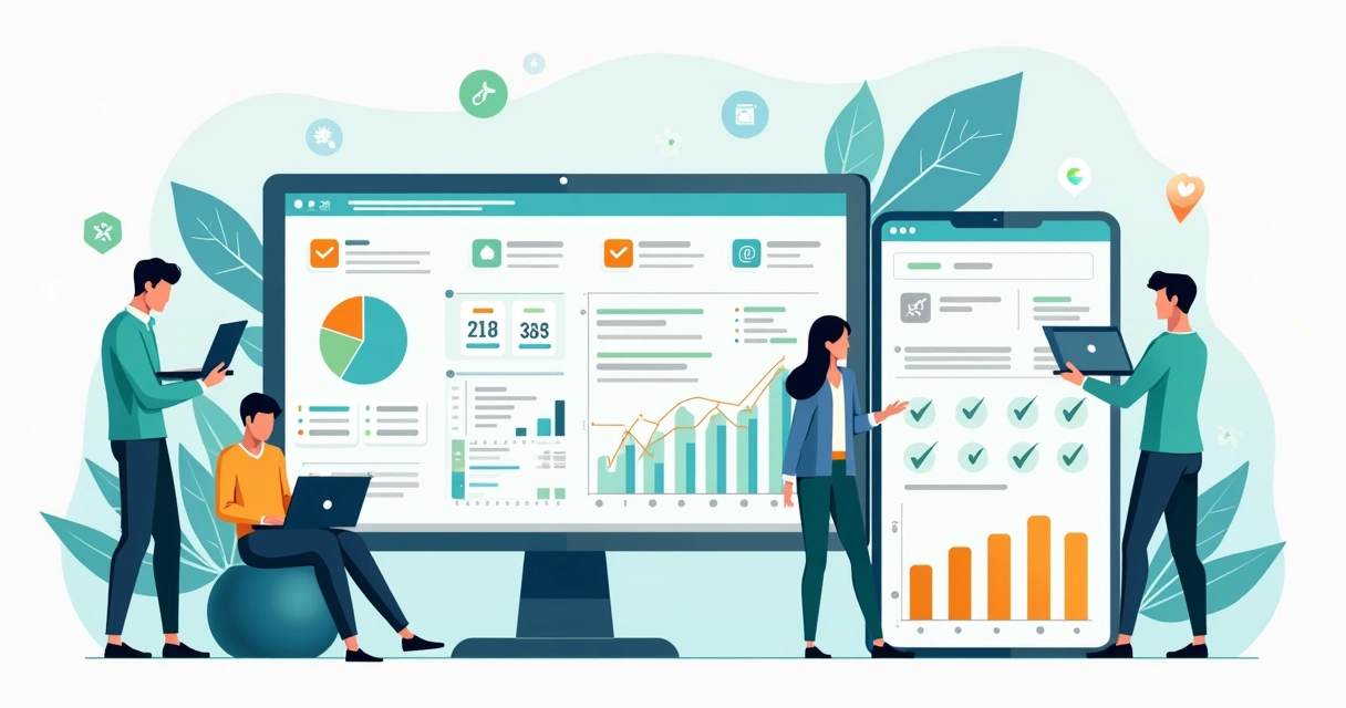 Painel com métricas, aprovações e revisão de páginas 
