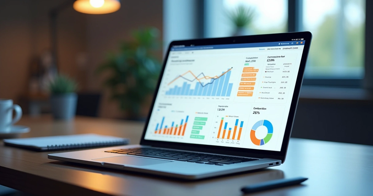Painel com métricas de campanhas B2B em notebook e gráficos de conversão 