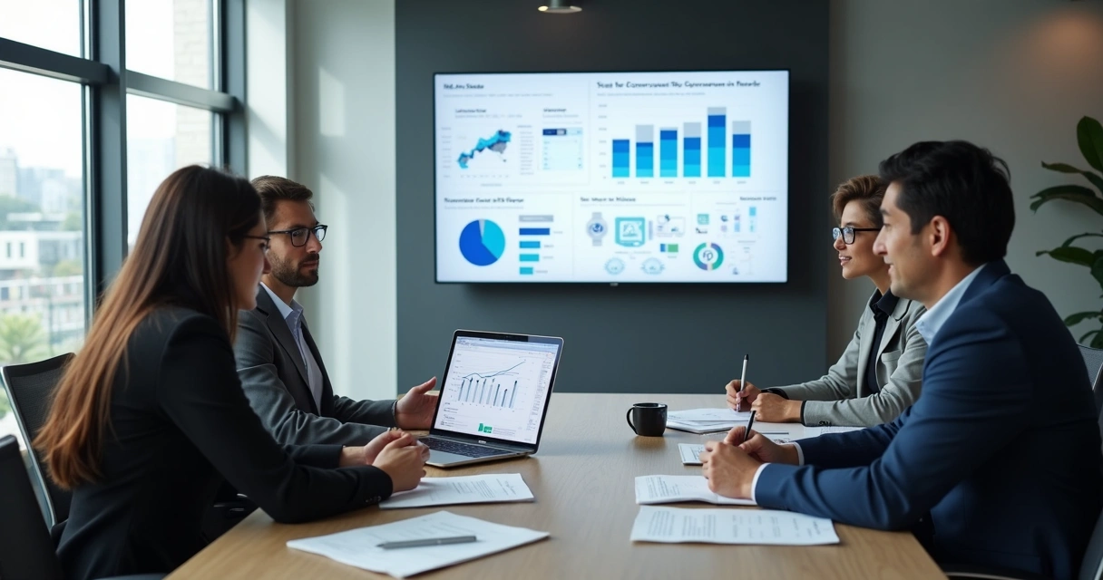 Painel com gráficos de métricas B2B em uma reunião