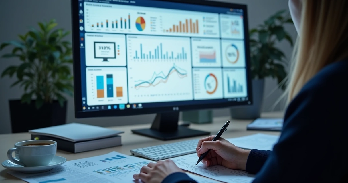 Painel com gráficos comerciais, anotações e laptop 