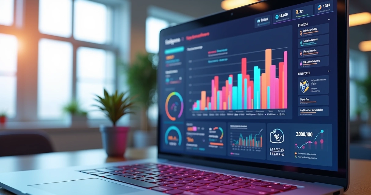Painel de métricas de campanhas digitais moderno, com gráficos coloridos e indicadores de performance.