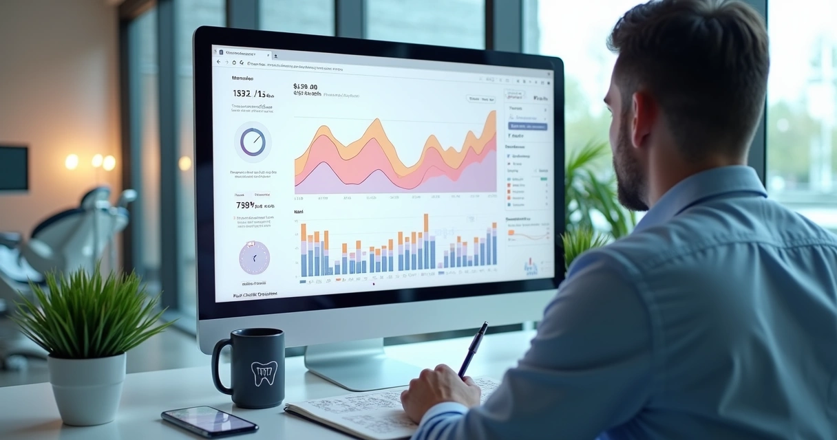 Gestor de clínica odontológica analisando painel de métricas digitais com ícones de dentes 