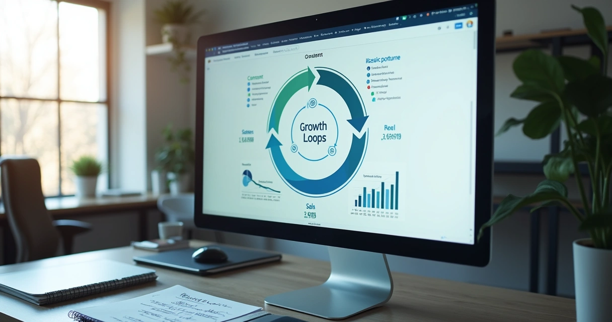 Painel com métricas de crescimento e fluxo circular 