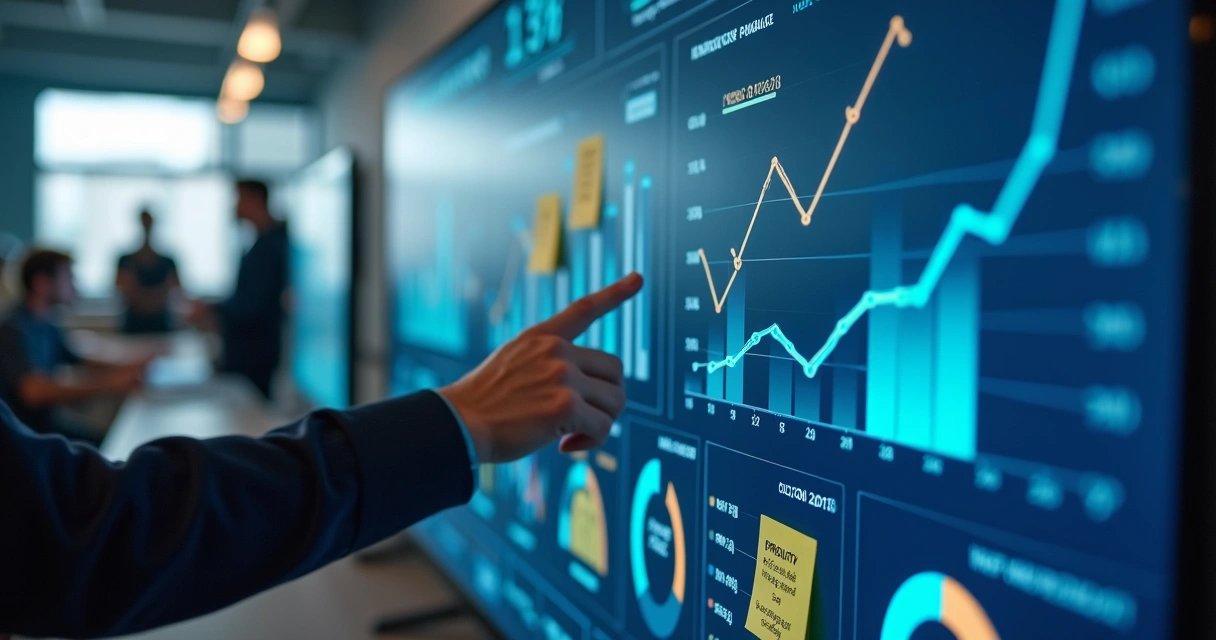Painel com métricas de crescimento e decisões de startup 