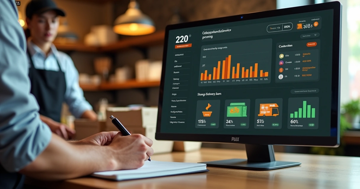 Painel com métricas de delivery e pedido saindo para entrega 
