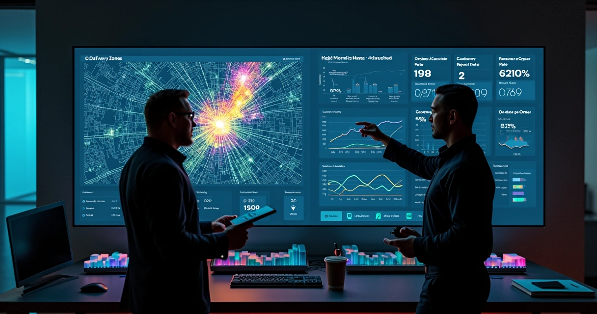 Painel de métricas de delivery com mapa de calor e ícones de desempenho 