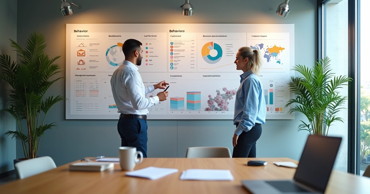 Painel com métricas comportamentais em escritório de startup 