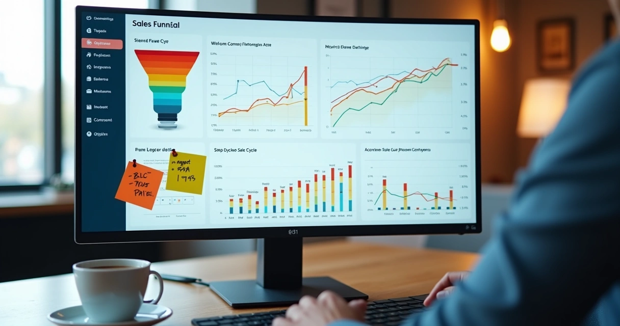 Dashboard digital com gráficos do funil de vendas, taxas de conversão e ciclo médio 