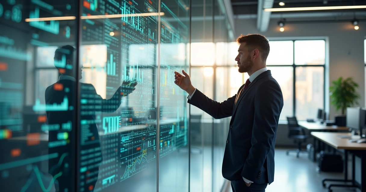 Quadro de métricas e gráficos com gestor analisando resultados 