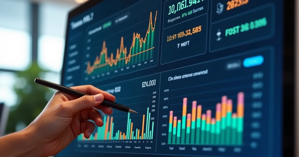 Painel digital exibindo métricas de marketing imobiliário em gráficos