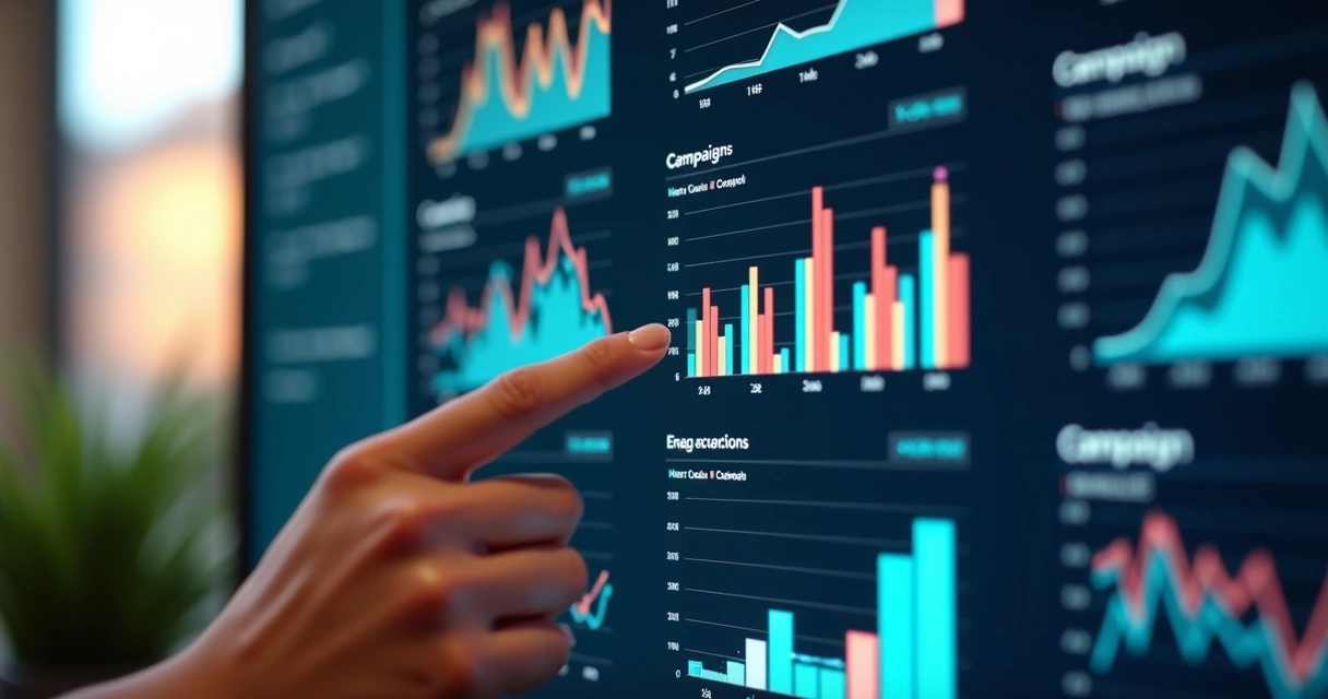 Painel de métricas digitais com gráficos de desempenho de campanha e engajamento social 