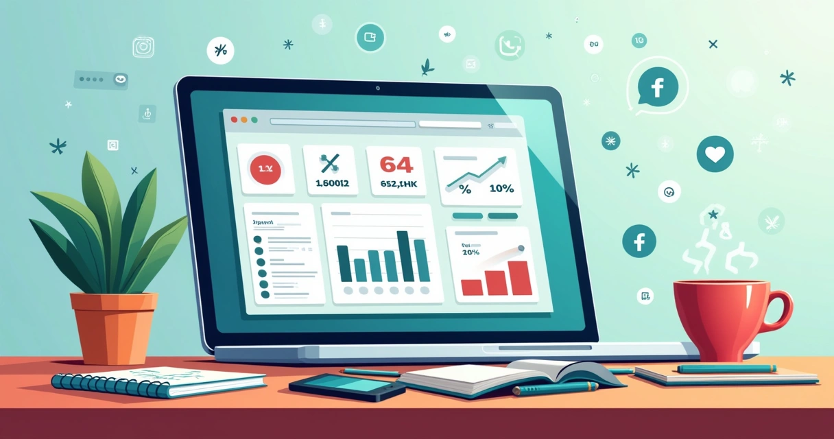 Dashboard on a laptop displaying Instagram metrics like engagement and reach in a creative workspace.
