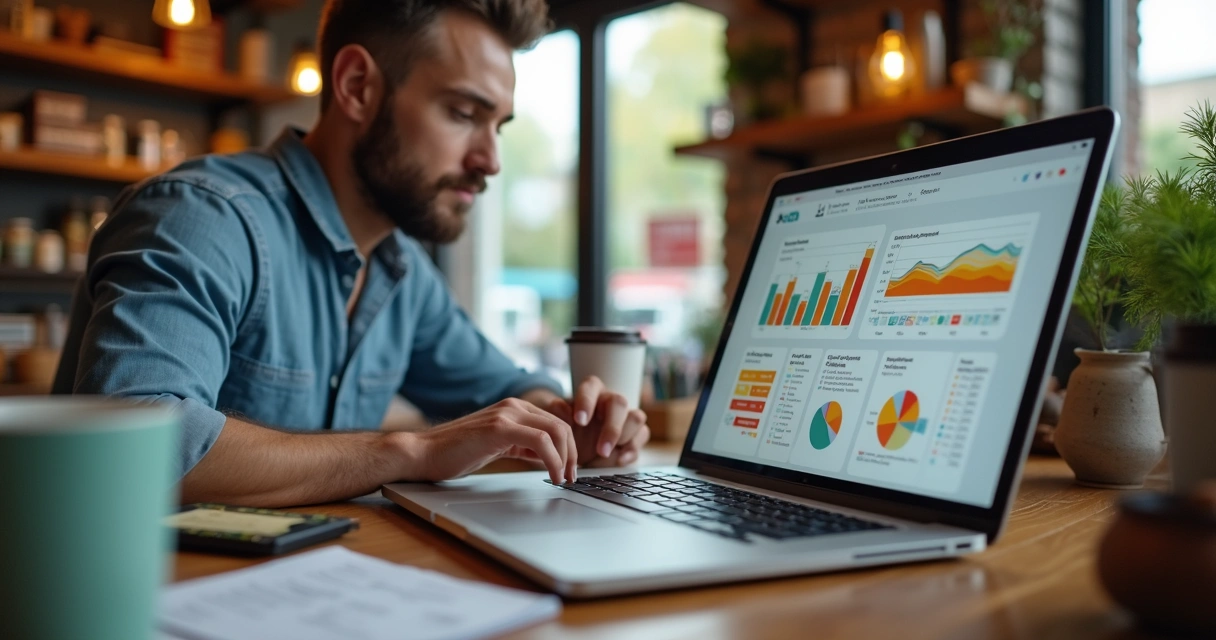 Dono de loja analisando métricas de fidelidade digital no notebook