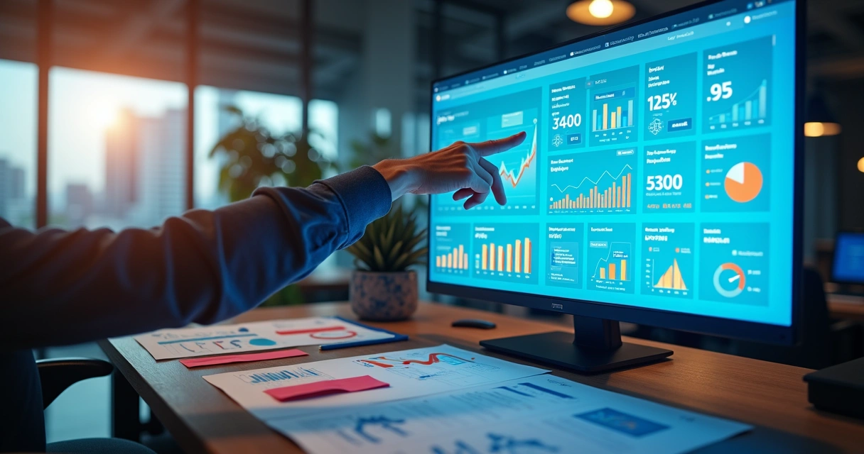 Painel de métricas de marketing digital com gráficos coloridos 