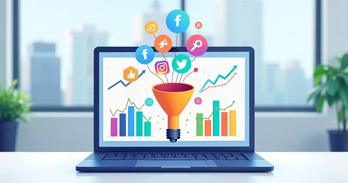 Painel com gráficos de marketing, funil e receita conectados 