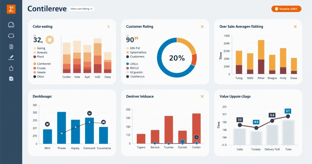 Tela de painel digital com gráficos de vendas, avaliações, ticket médio e entrega para marketplace 