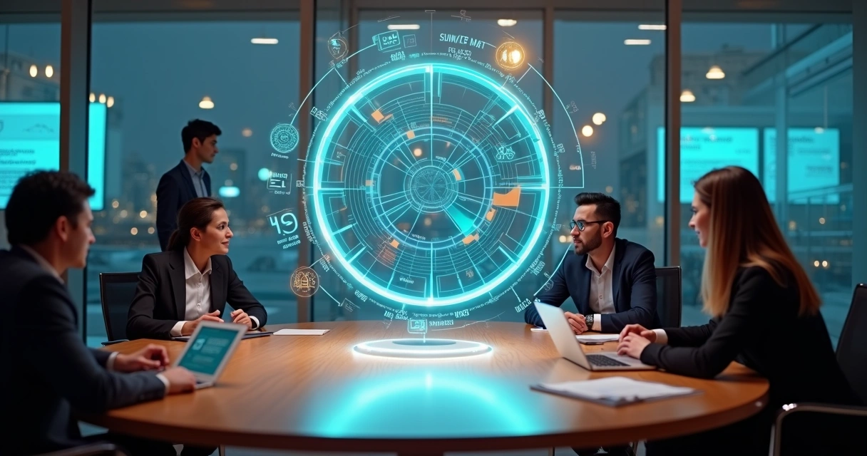 Mesa redonda com mural circular de métricas iluminadas em escritório moderno 