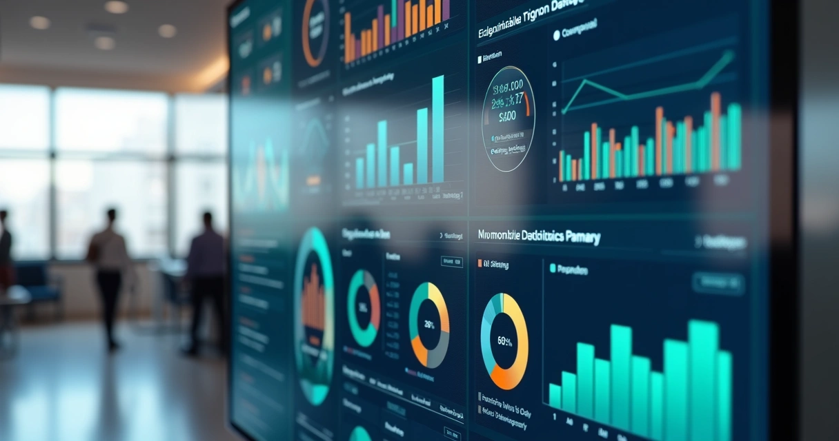 Painel digital com gráficos de KPIs de PMO em tela de alta resolução 