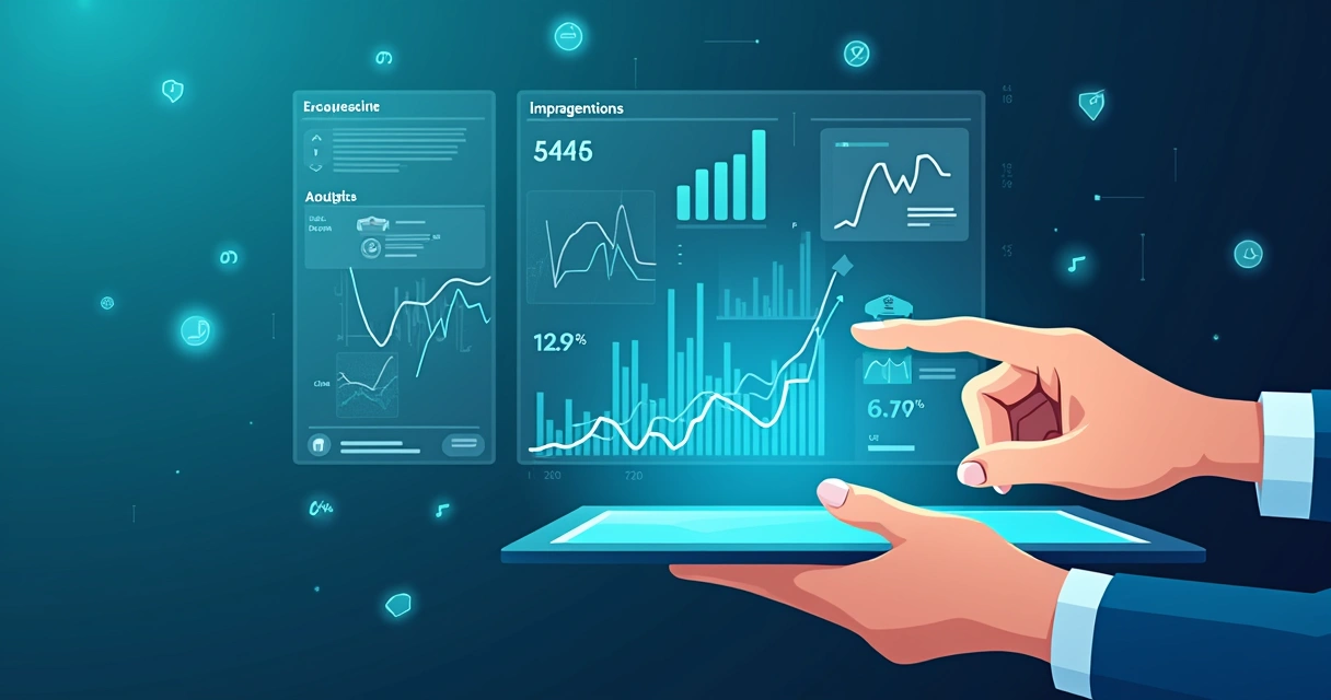 Gráficos digitais com métricas de engajamento, alcance e conversão