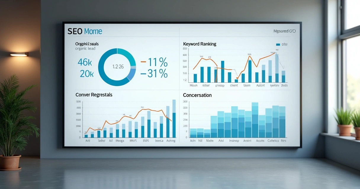 Painel digital exibindo métricas de SEO para SaaS B2B 