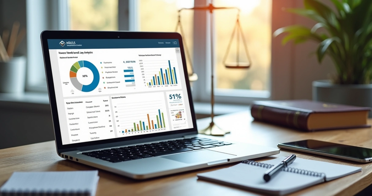 Painel com métricas de site jurídico em notebook 