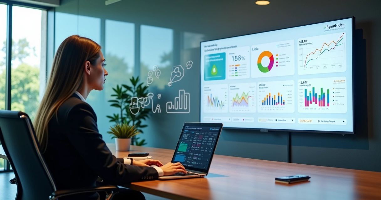 Gestora analisa métricas de campanhas em painel ao lado de TV indoor 