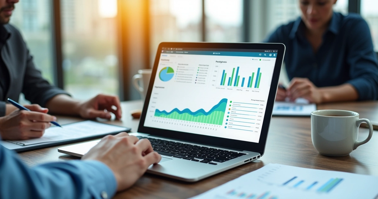 Painel com métricas comerciais exibido em notebook