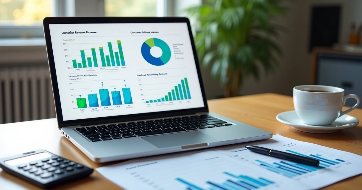 Painel com gráficos de CAC e LTV em notebook e folhas de cálculo