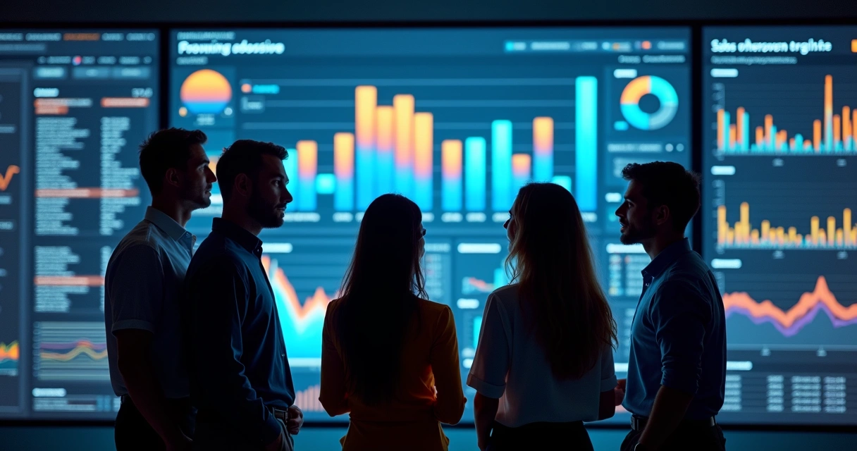 Painel digital com métricas de vendas exibidas em gráficos. 