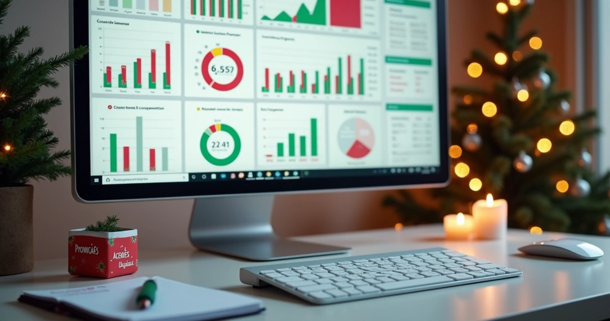 Painel de métricas de vendas natalinas em tela de computador 
