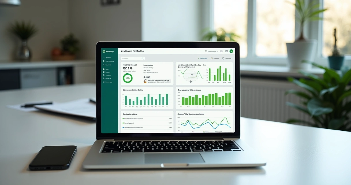 Painel com métricas de atendimento no WhatsApp em tela de notebook