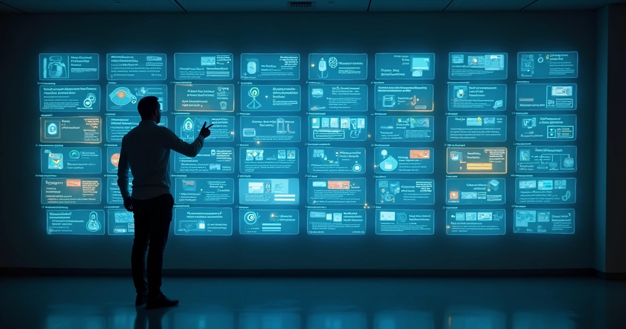 Painel digital com caixas coloridas representando processos no INPI e notificações surgindo em destaque 